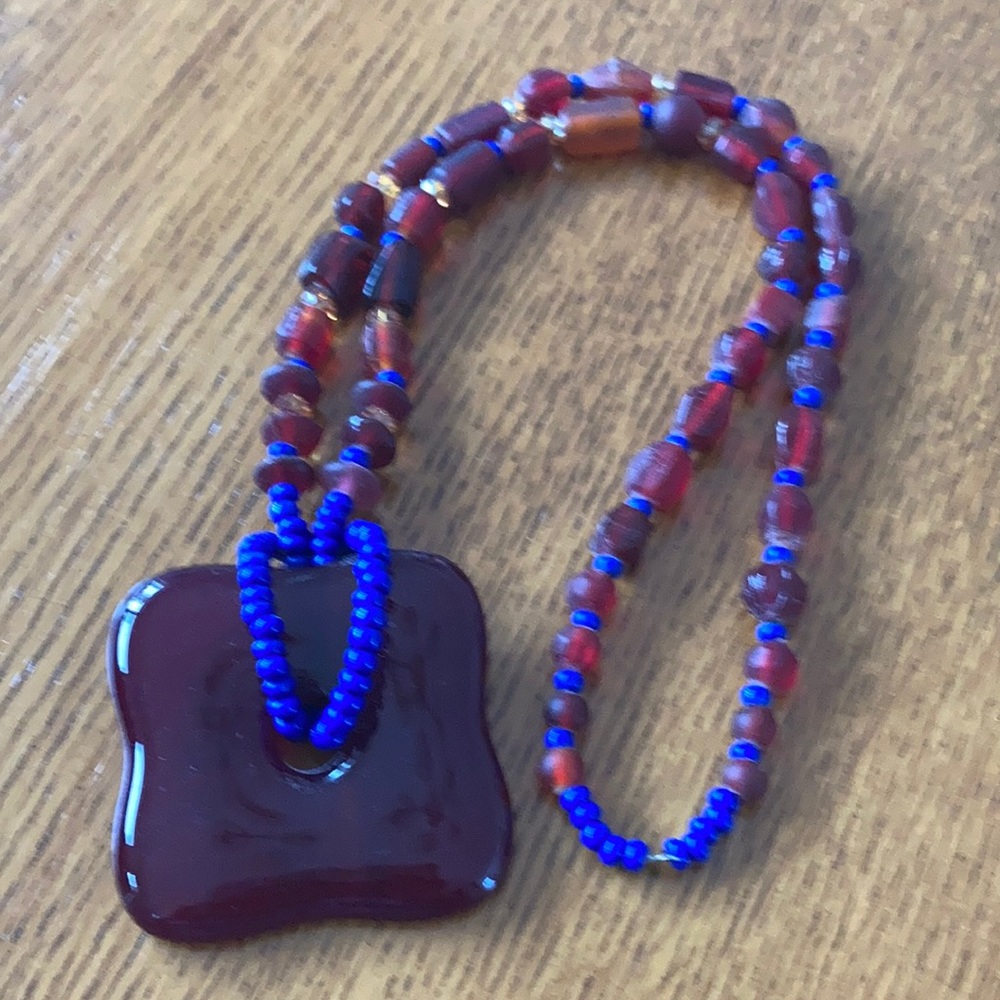 New Deep Red Lamp Work Pendant Red & Blue Glass Bead Necklace Swarovski…